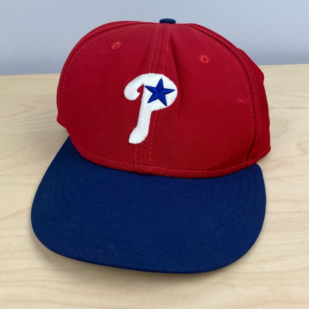Vintage New Era Philadelphia Phillies MLB 100% Wool Fitted Hat 7 1/2 Red Blue